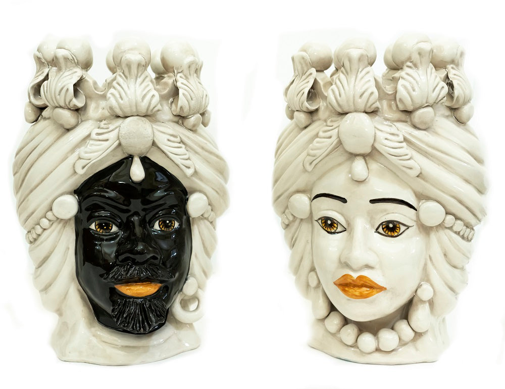 Coppia teste di moro in ceramica siciliana di Caltagirone h30cm art. fumè