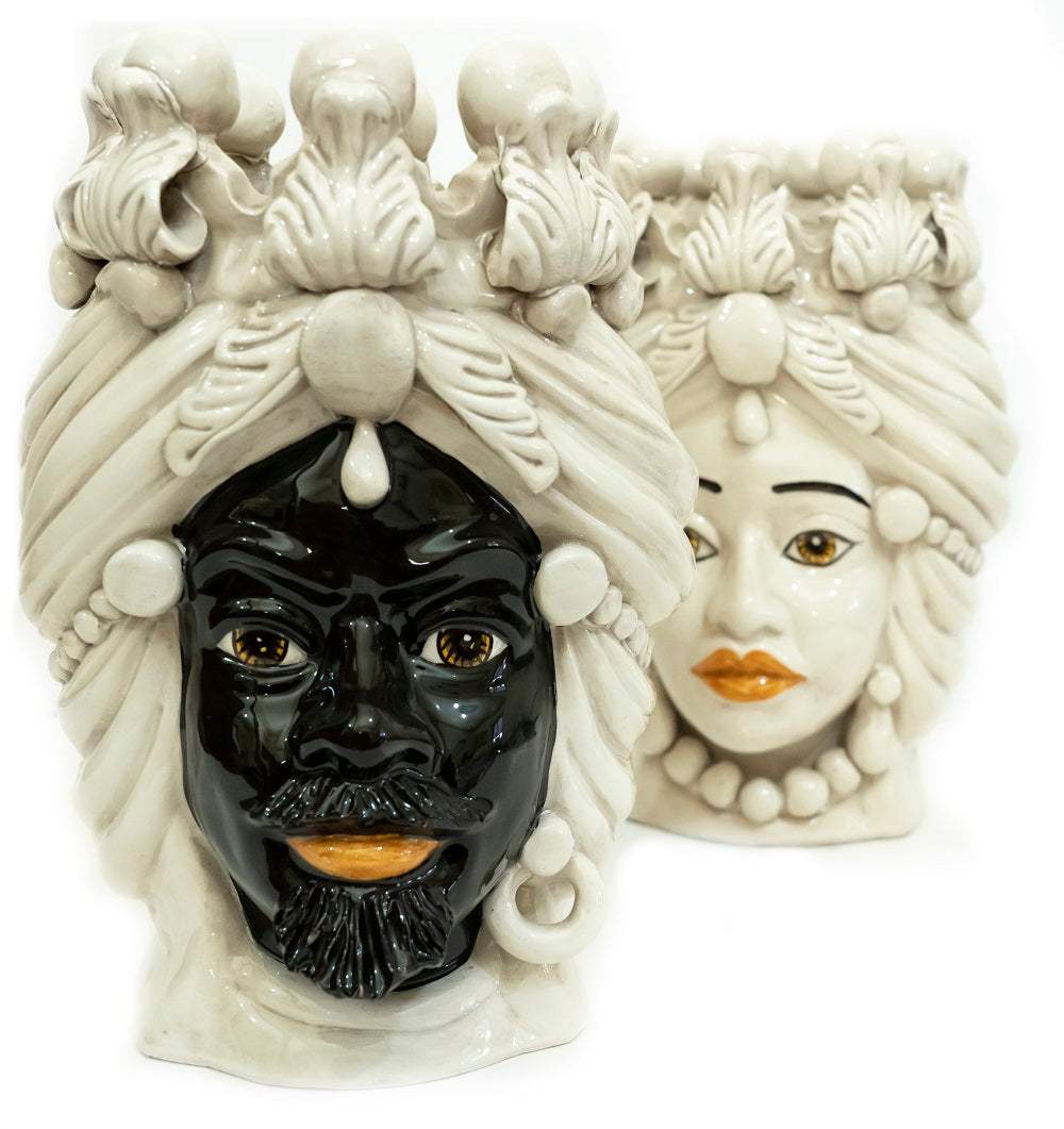 Coppia teste di moro in ceramica siciliana di Caltagirone h30cm art. fumè