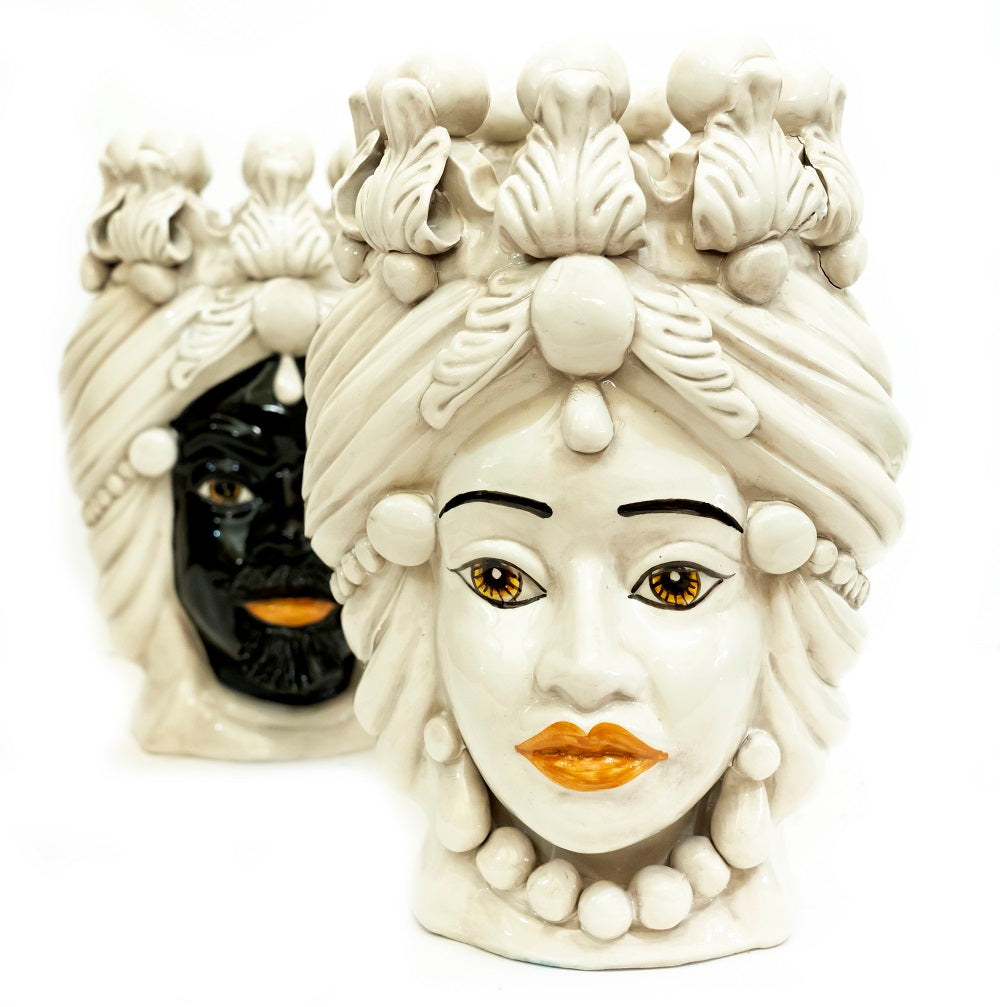 Coppia teste di moro in ceramica siciliana di Caltagirone h30cm art. fumè