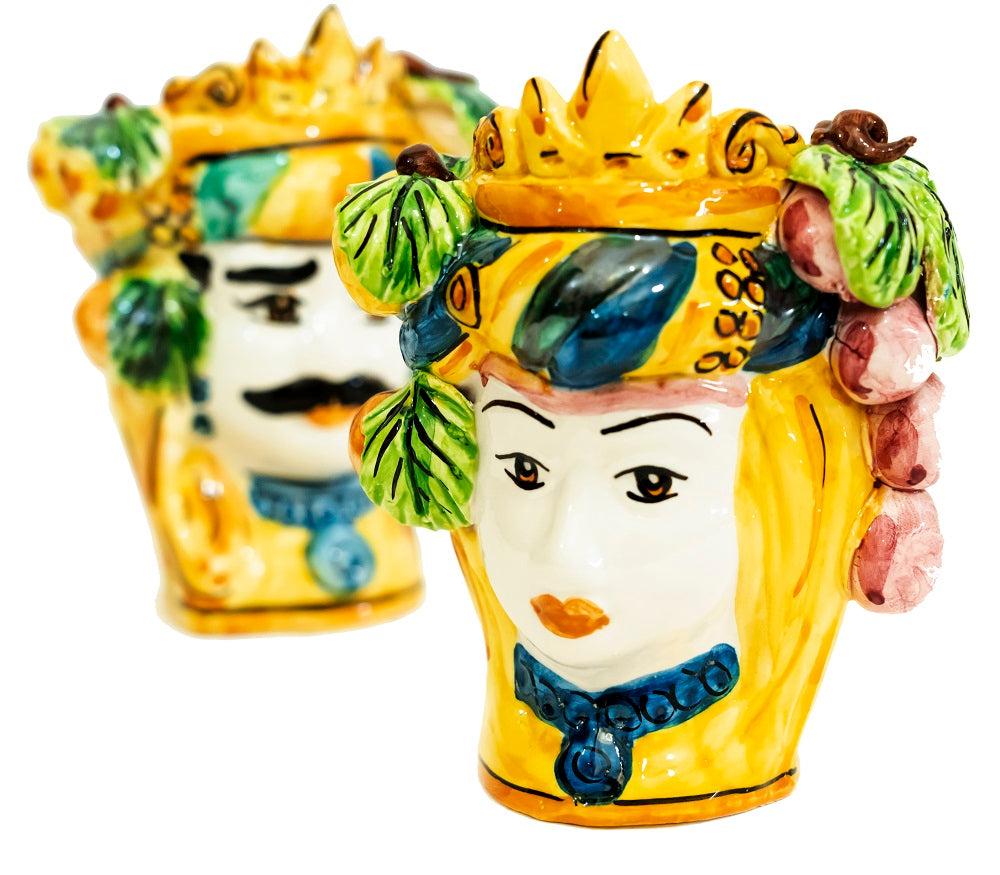 Coppia teste di moro in ceramica siciliana di Caltagirone h15cm art. frutta