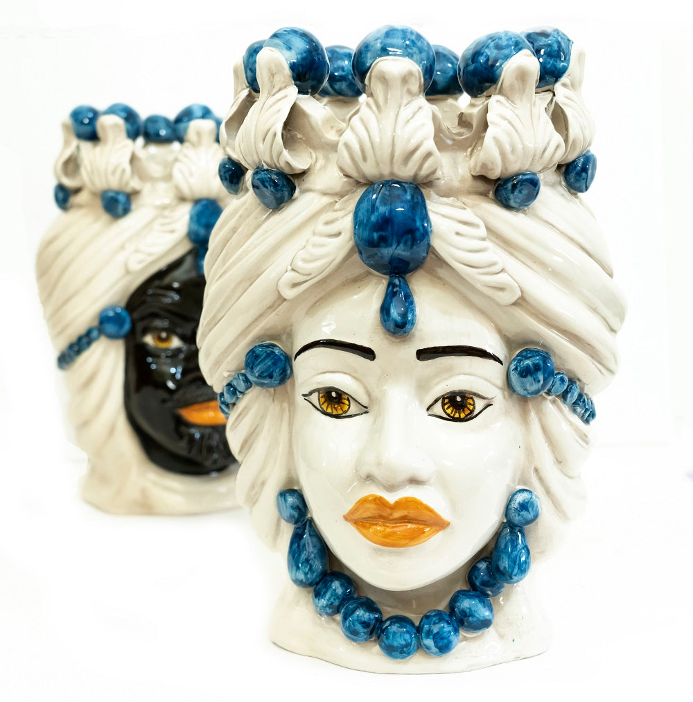 Coppia teste di moro in ceramica siciliana di Caltagirone h30cm art. blu