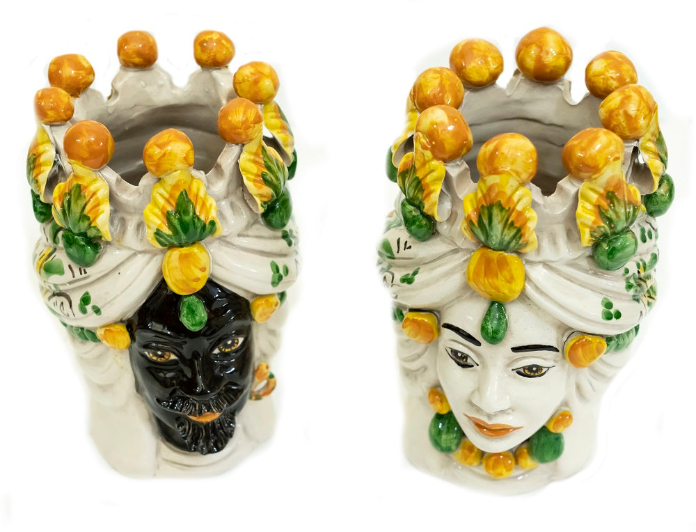Coppia teste di moro in ceramica siciliana di Caltagirone h20cm art. giallo siciliano