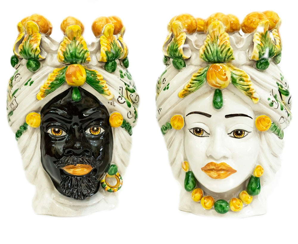 Coppia teste di moro in ceramica siciliana di Caltagirone h30cm art. giallo siciliano