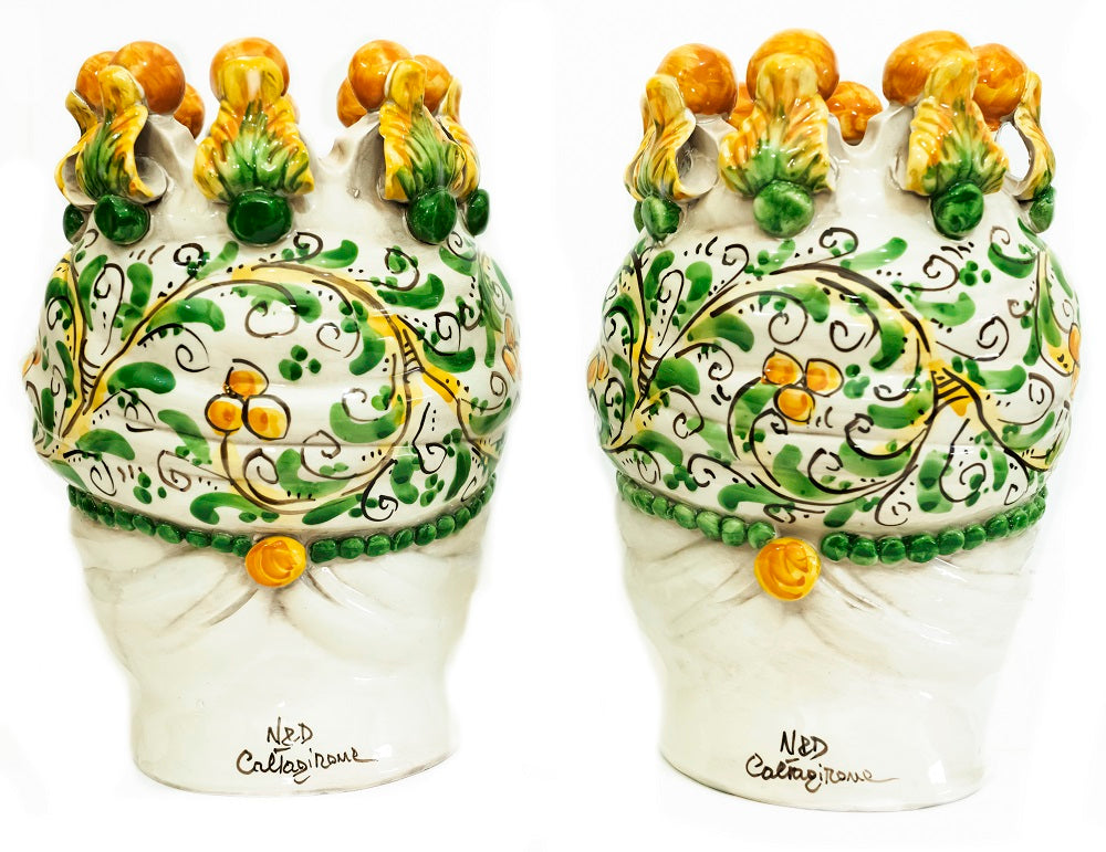 Coppia teste di moro in ceramica siciliana di Caltagirone h30cm art. giallo siciliano