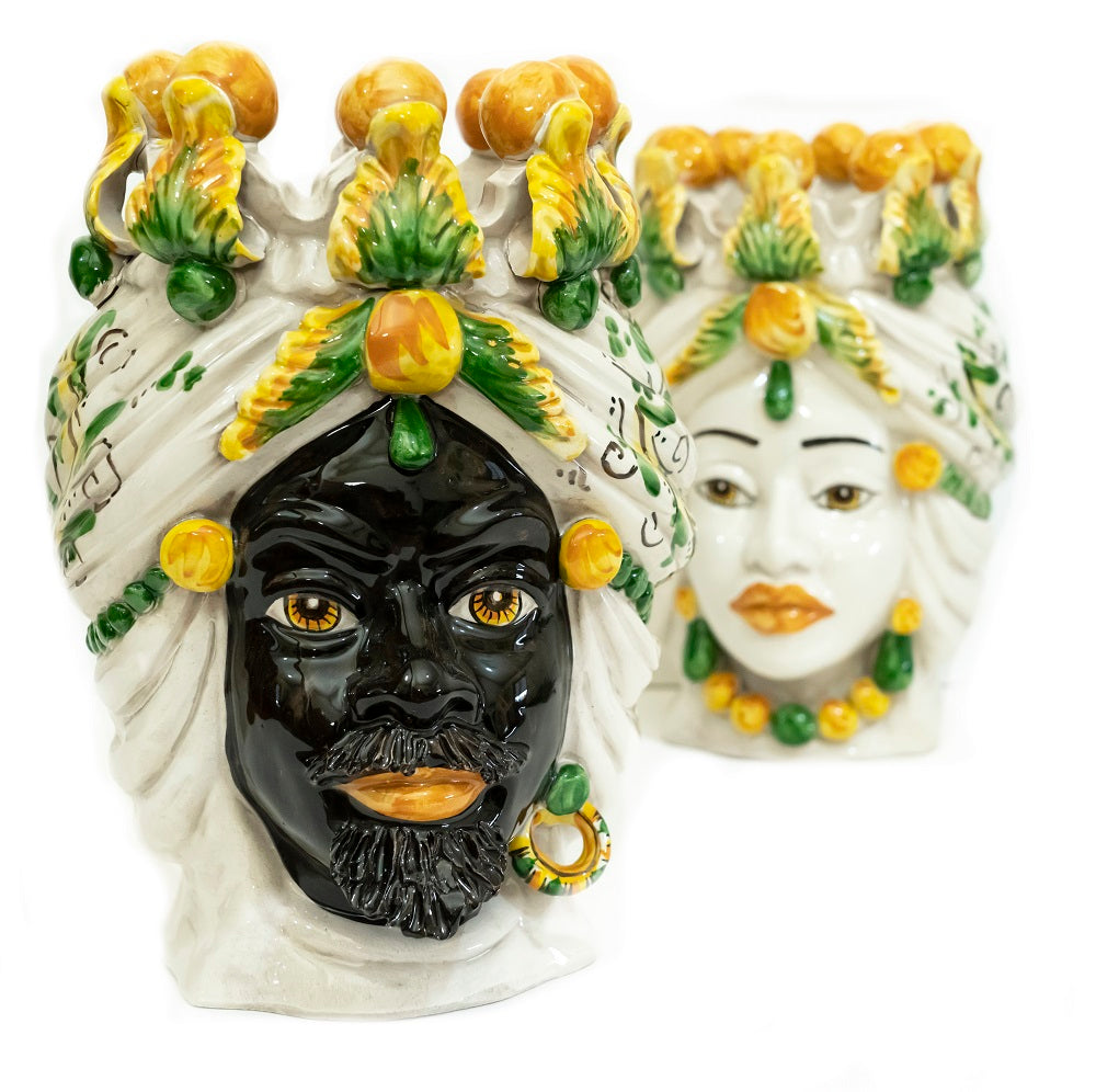 Coppia teste di moro in ceramica siciliana di Caltagirone h30cm art. giallo siciliano