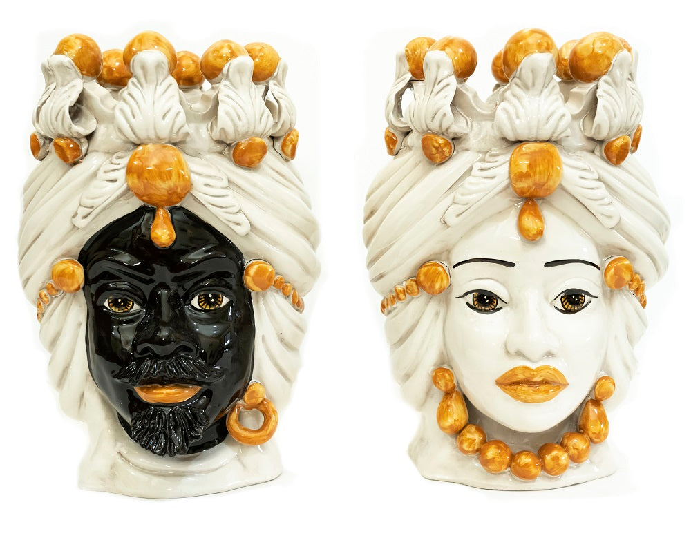 Coppia teste di moro in ceramica siciliana di Caltagirone h30cm art. arancio