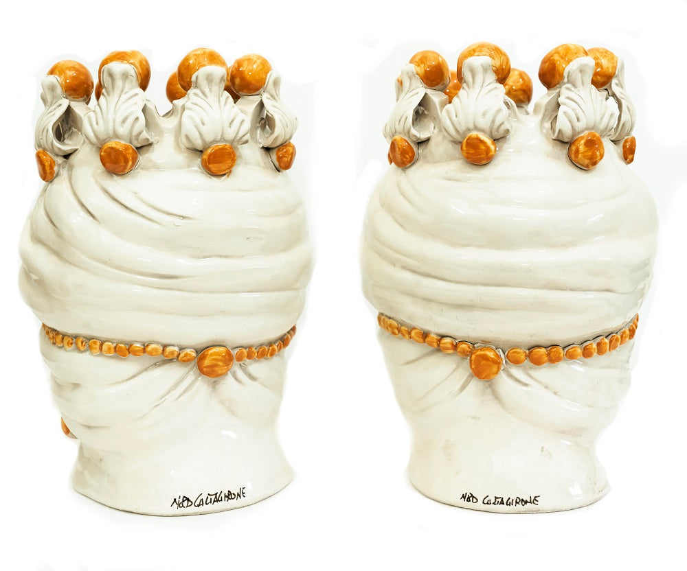 Coppia teste di moro in ceramica siciliana di Caltagirone h30cm art. arancio