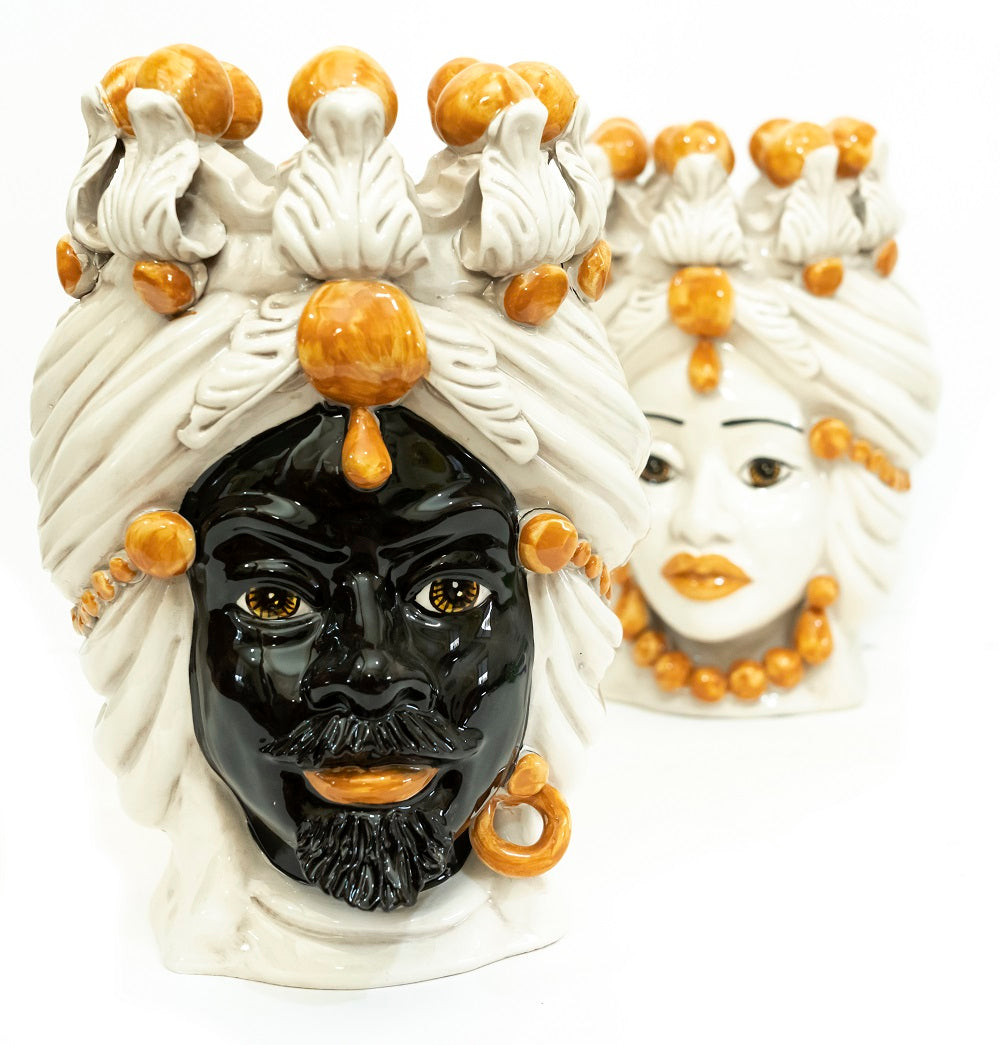 Coppia teste di moro in ceramica siciliana di Caltagirone h30cm art. arancio
