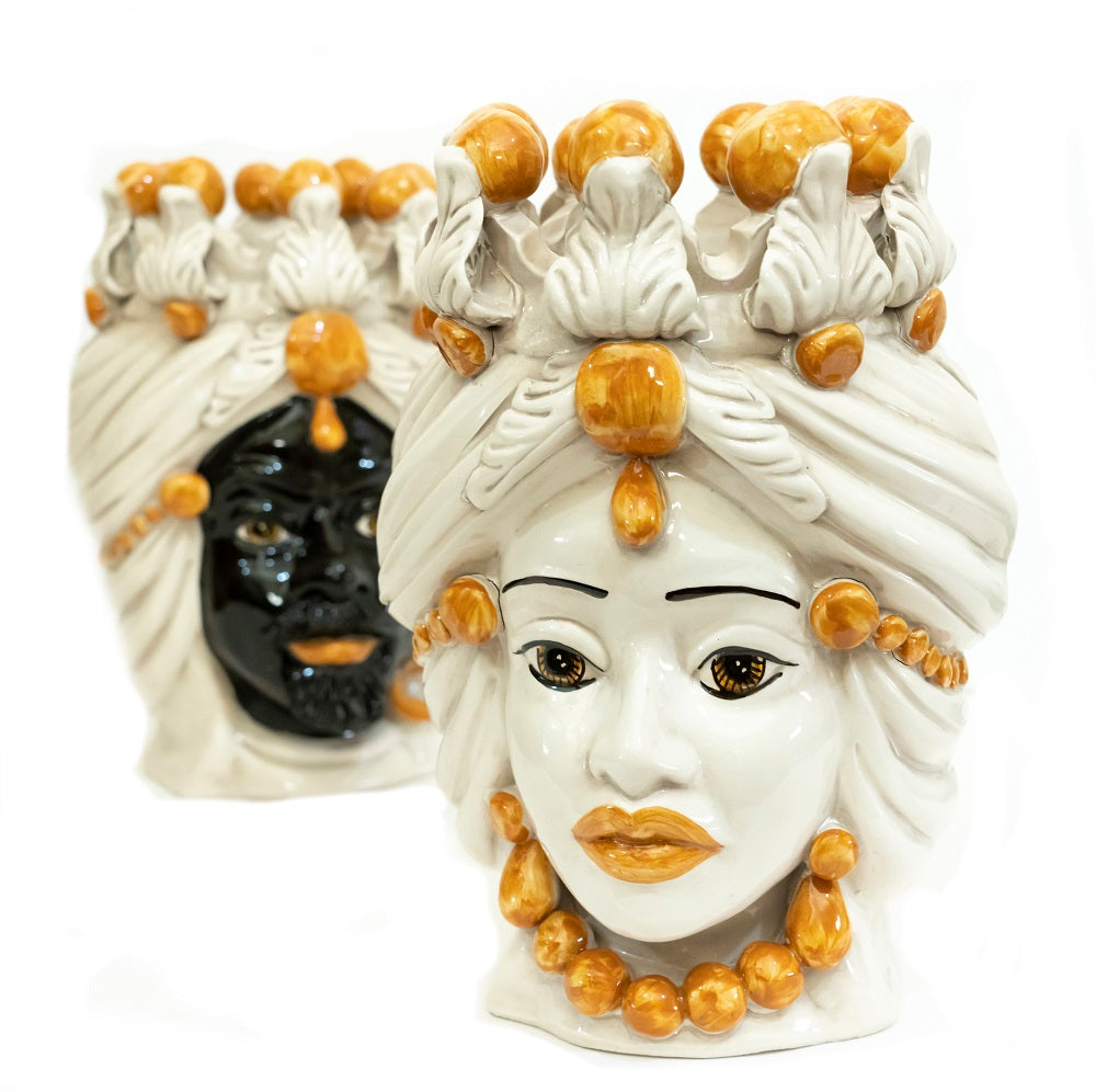 Coppia teste di moro in ceramica siciliana di Caltagirone h30cm art. arancio