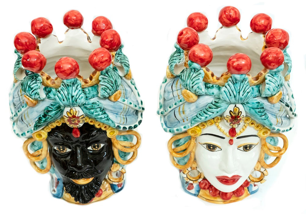 Coppia teste di moro in ceramica siciliana di Caltagirone h30cm art. cerchi