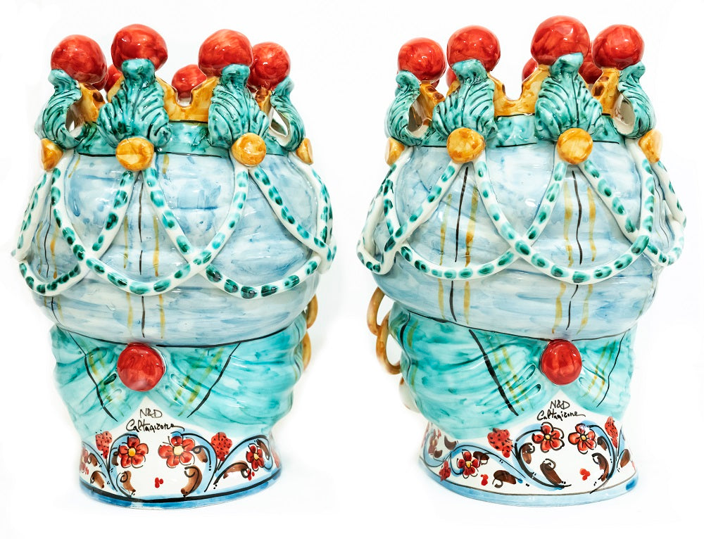 Coppia teste di moro in ceramica siciliana di Caltagirone h30cm art. cerchi