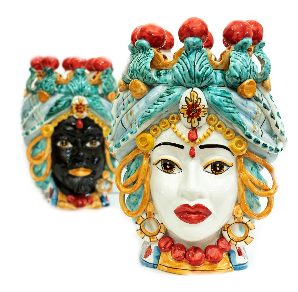 Coppia teste di moro in ceramica siciliana di Caltagirone h30cm art. cerchi