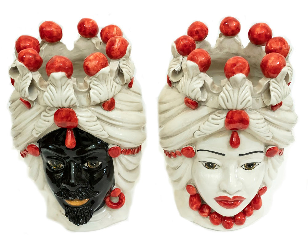 Coppia teste di moro in ceramica siciliana di Caltagirone h30cm art. rosso