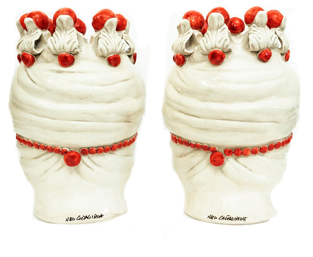 Coppia teste di moro in ceramica siciliana di Caltagirone h30cm art. rosso