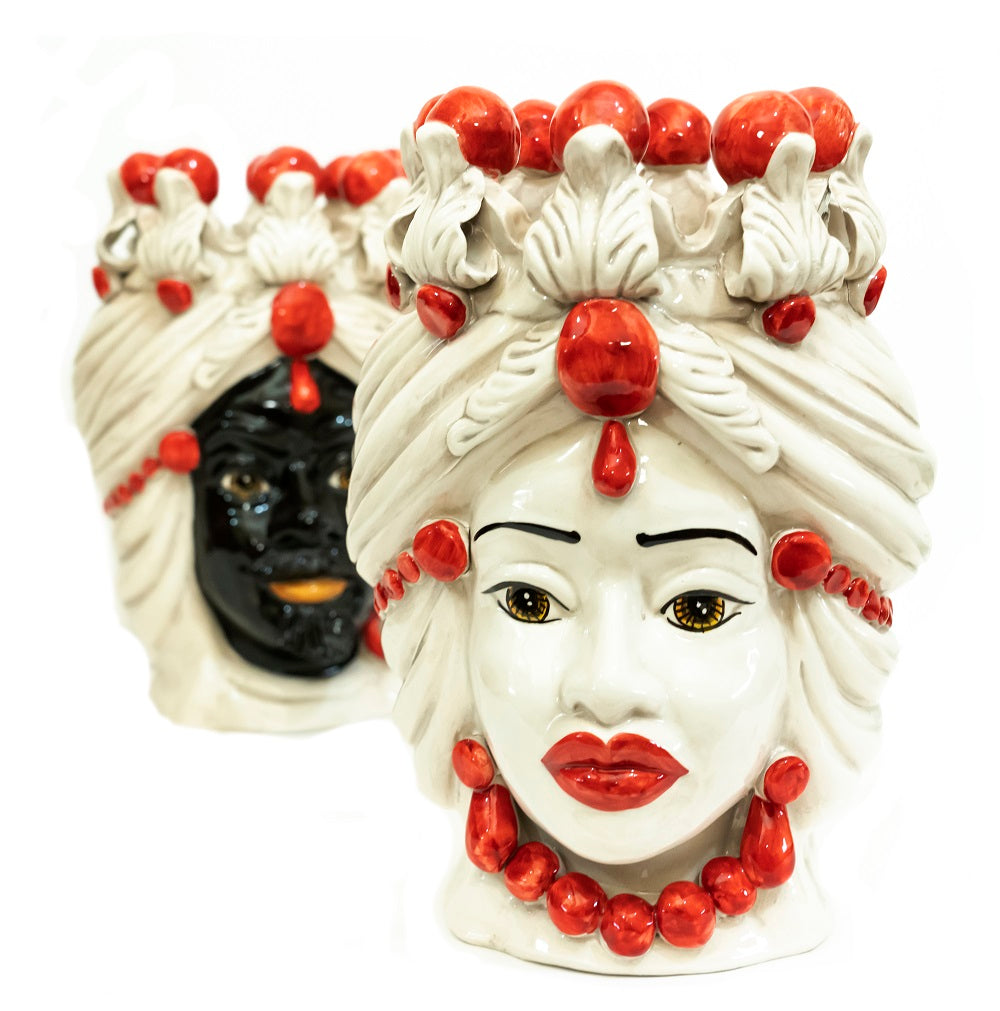 Coppia teste di moro in ceramica siciliana di Caltagirone h30cm art. rosso