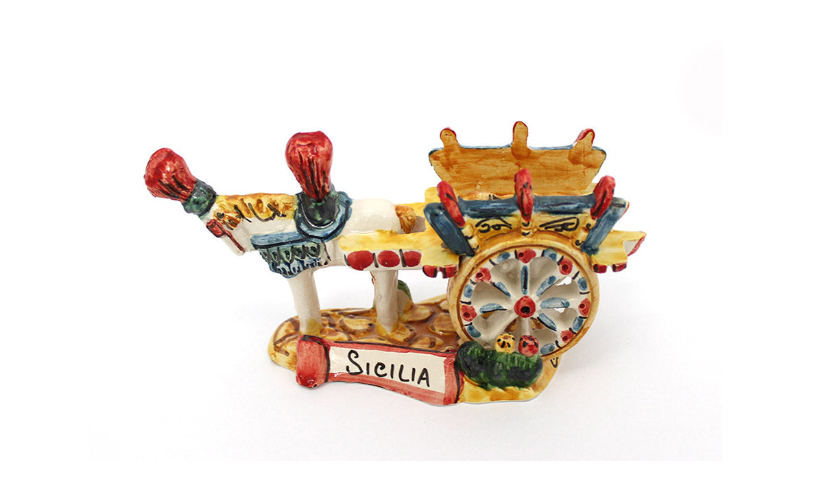 Carretto siciliano in ceramica siciliana di caltagirone realizzato e decorato a mano art arancio