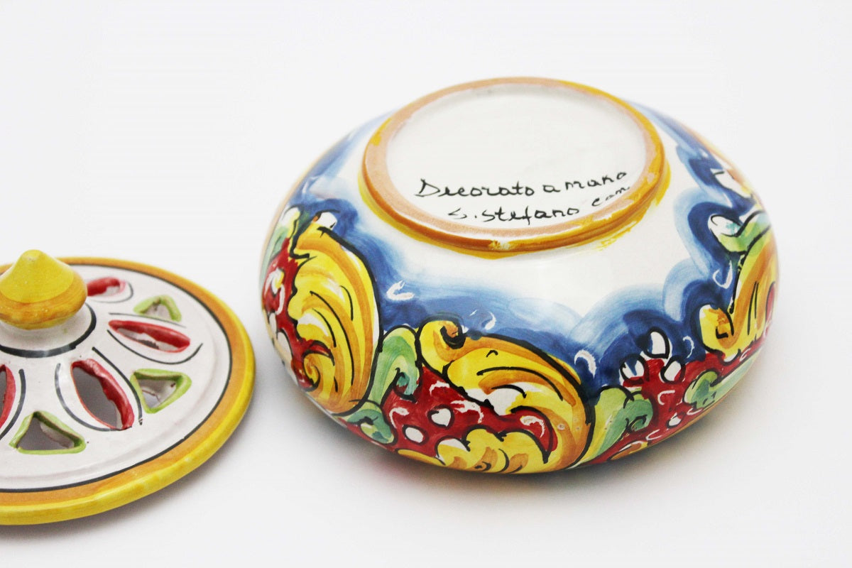 Portacaramelle piccolo in ceramica decorata a mano da ceramisti siciliani fiore rosso art 2