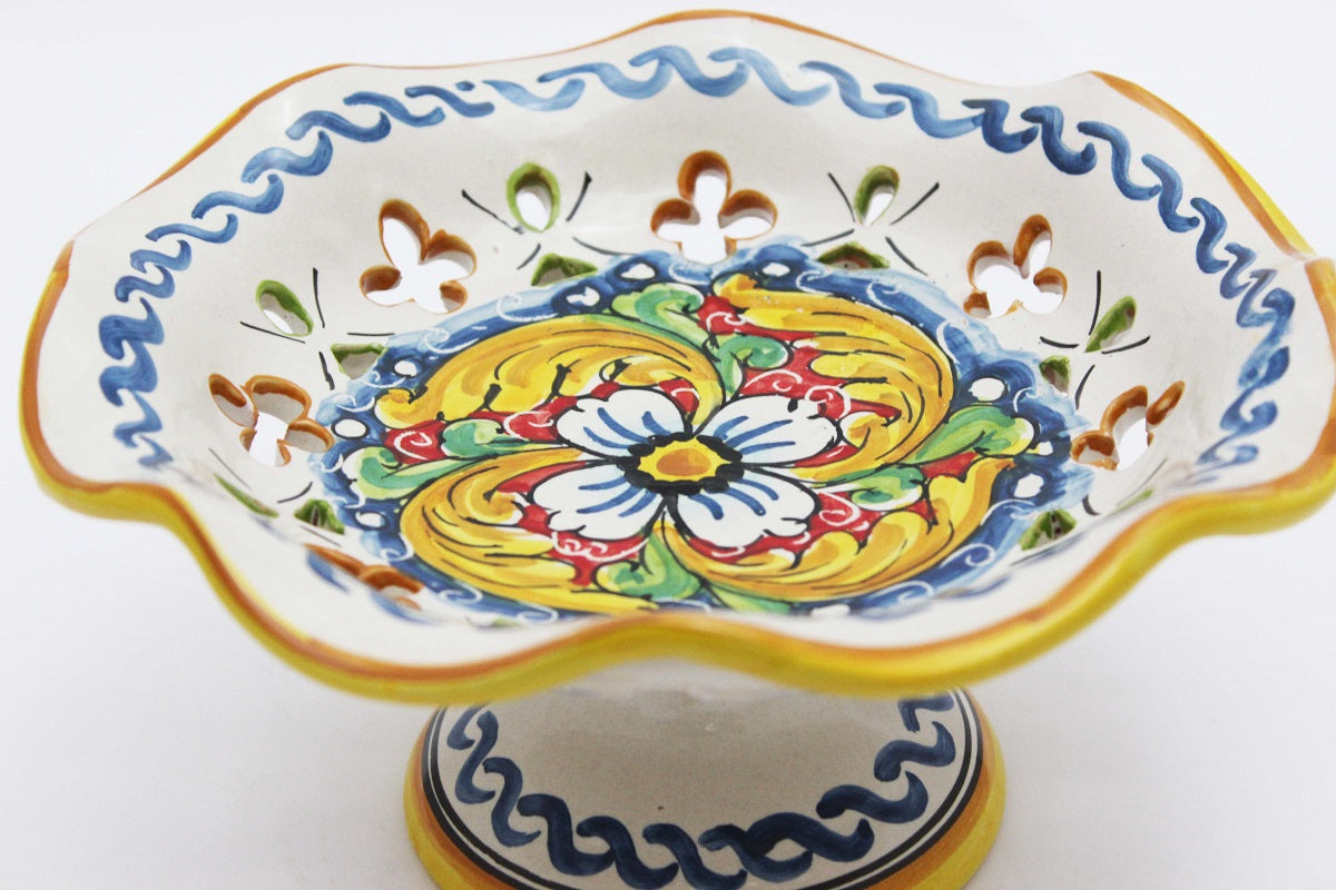 Centrotavola alzata piccola in ceramica decorata a mano da ceramisti siciliani fiore rosso art 5