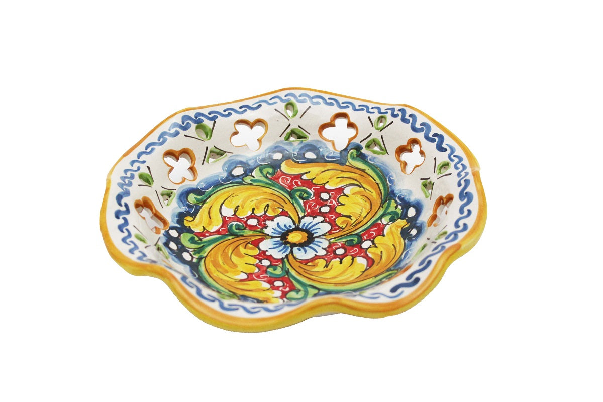 Ciotola grande in ceramica decorata a mano da ceramisti siciliani fiore rosso art 22
