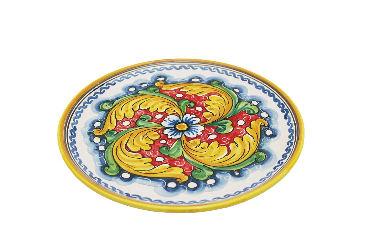 Piatto grande in ceramica decorata a mano da ceramisti siciliani fiore rosso art 12
