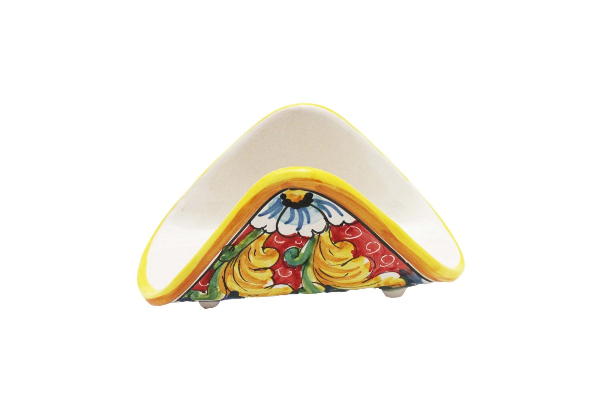 Portatovaglioli a fazzoletto in ceramica decorata a mano da ceramisti siciliani fiore rosso art 10
