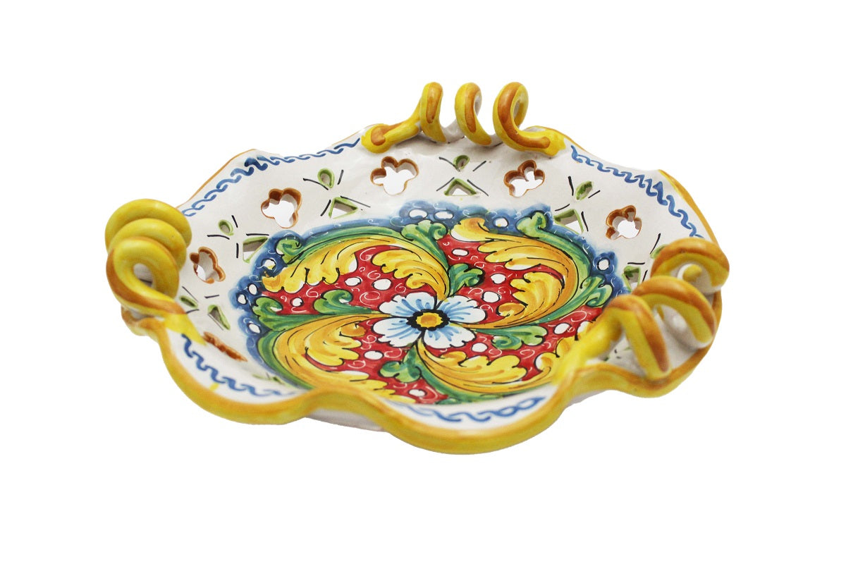 Centrotavola piccolo in ceramica decorata a mano da ceramisti siciliani fiore rosso art 7