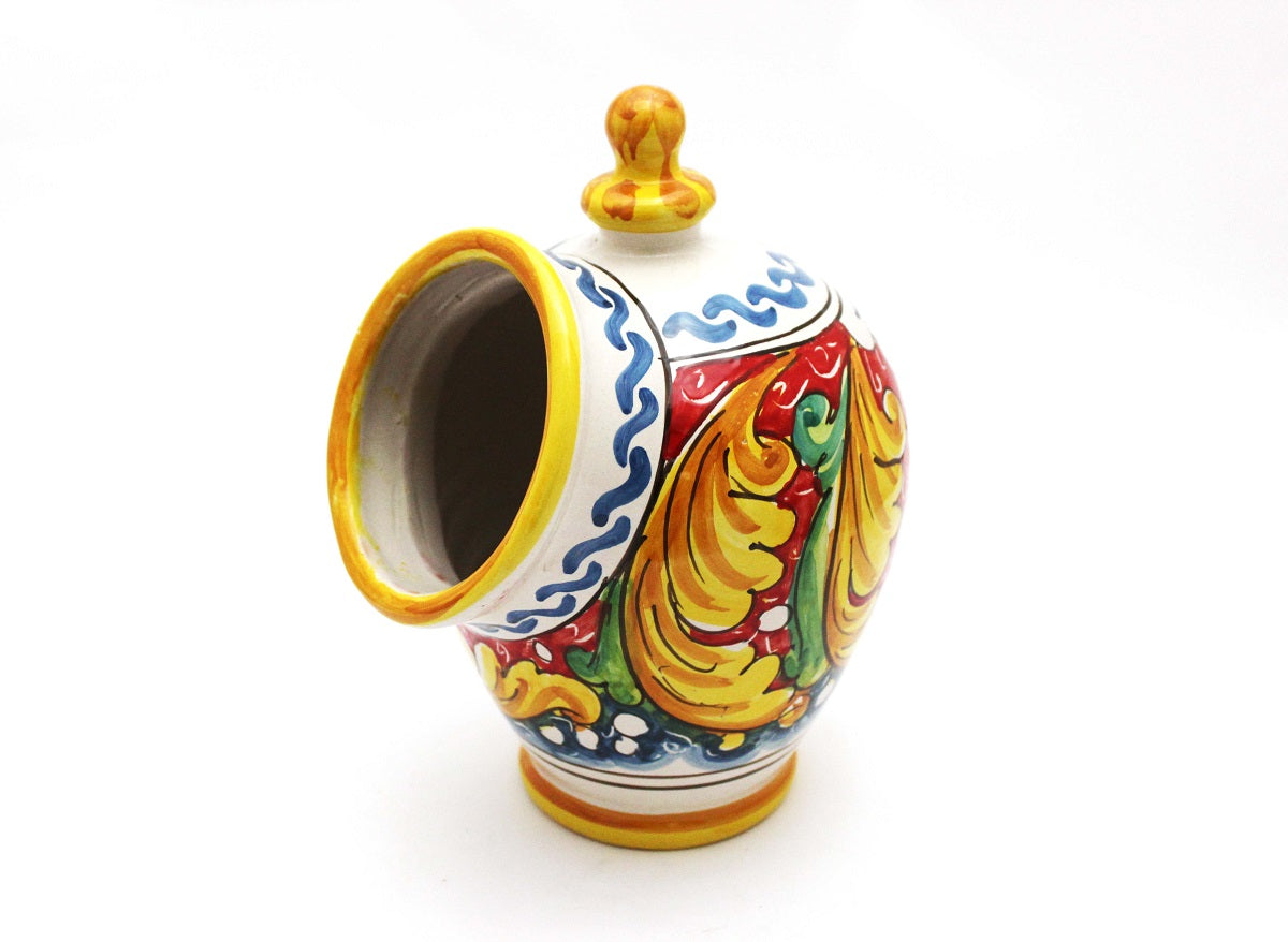 Saliera in ceramica decorata a mano da ceramisti siciliani fiore rosso art 15