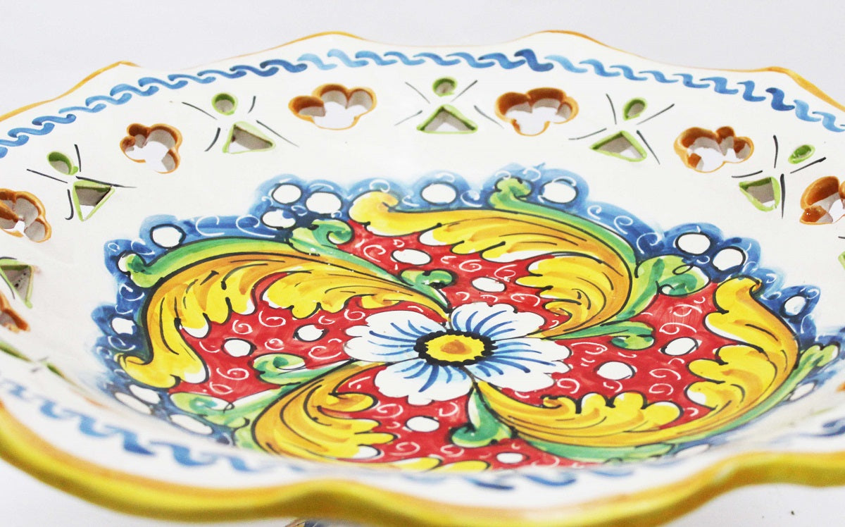 Centrotavola alzata grande in ceramica decorata a mano da ceramisti siciliani fiore rosso art 3