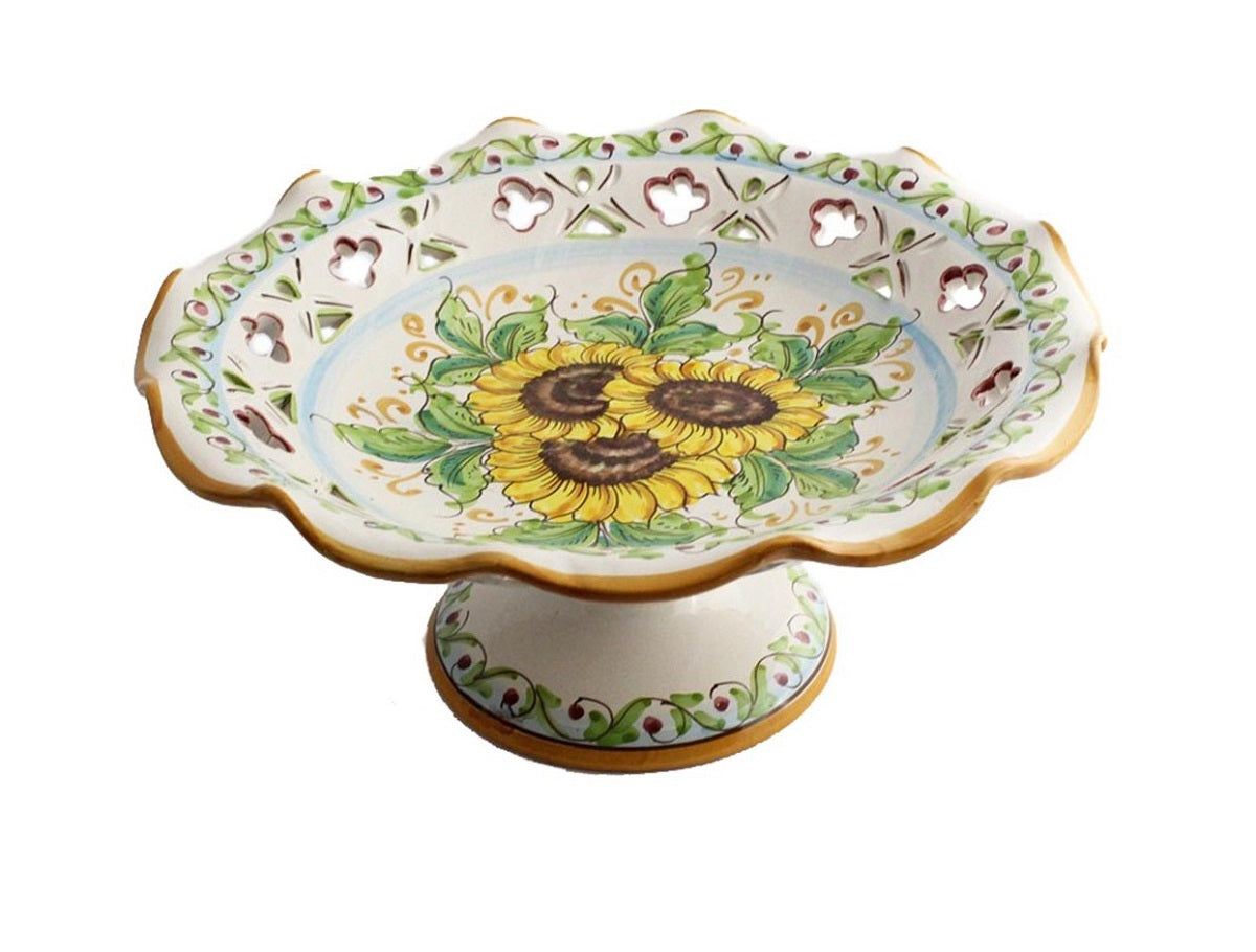 Centrotavola alzata grande in ceramica decorata a mano da ceramisti siciliani girasole art 3