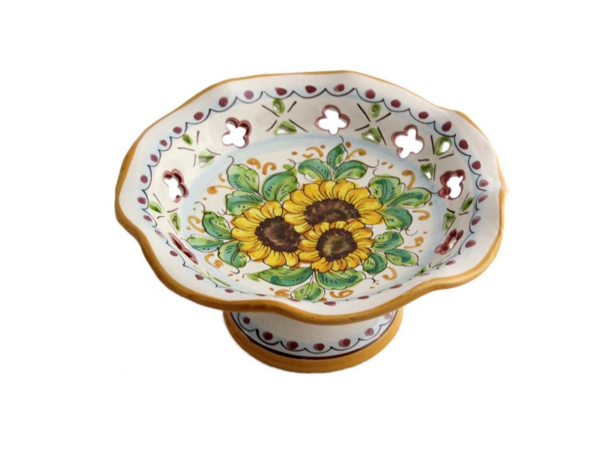 Centrotavola alzata piccola in ceramica decorata a mano da ceramisti siciliani girasole art 5