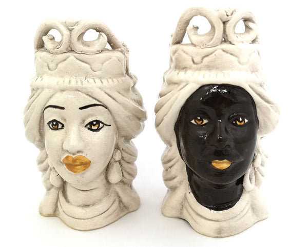 Coppia teste di moro in ceramica siciliana di Caltagirone h15cm art. fumè