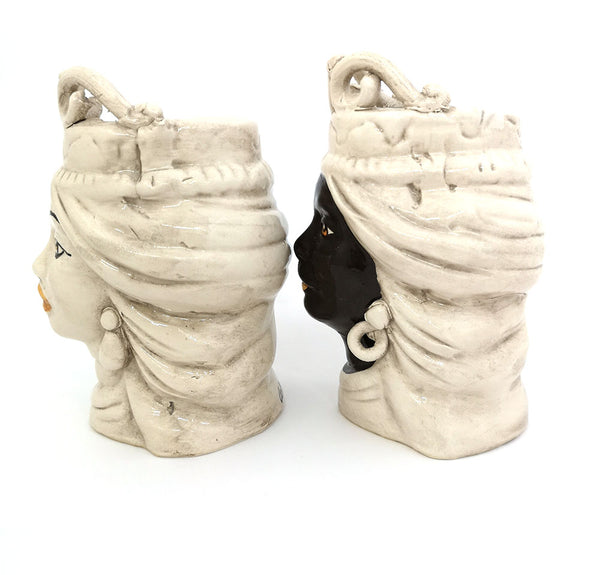 Coppia teste di moro in ceramica siciliana di Caltagirone h15cm art. fumè