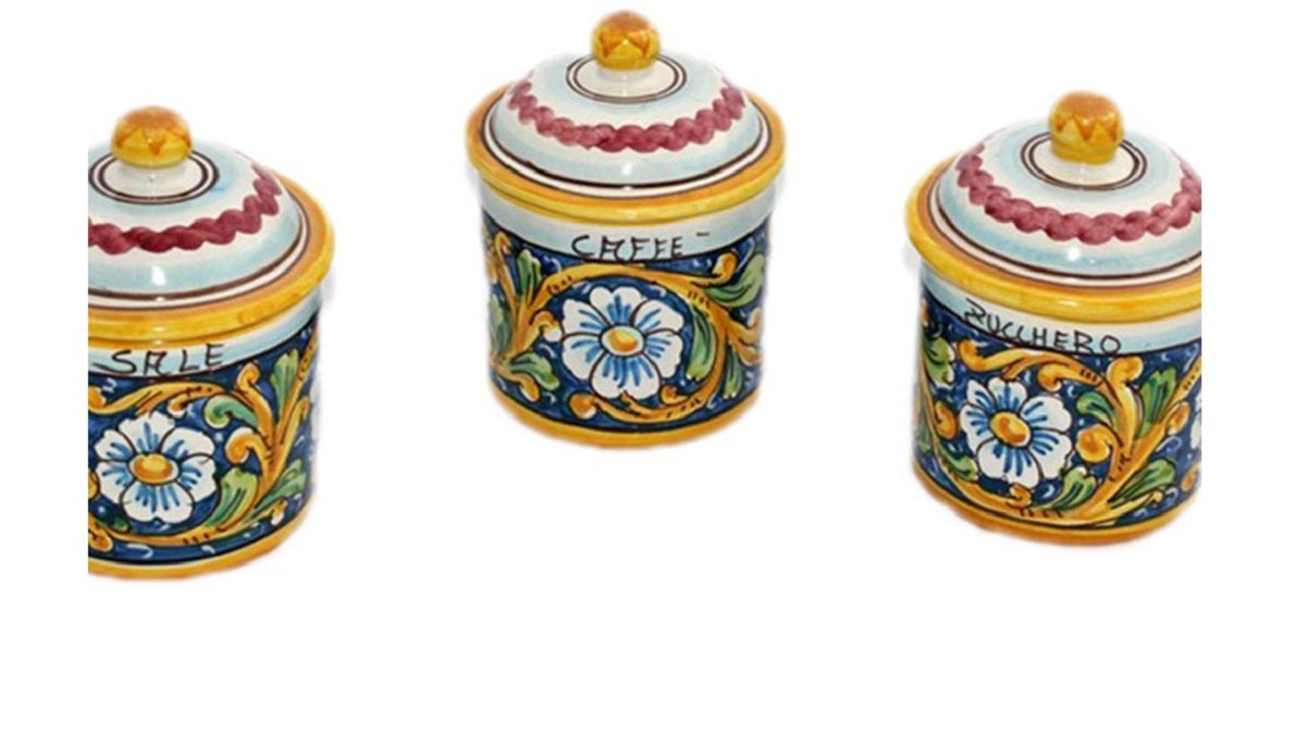 Tris 3 barattoli sale zucchero e caffè in ceramica decorata a mano da ceramisti siciliani barocco art 8