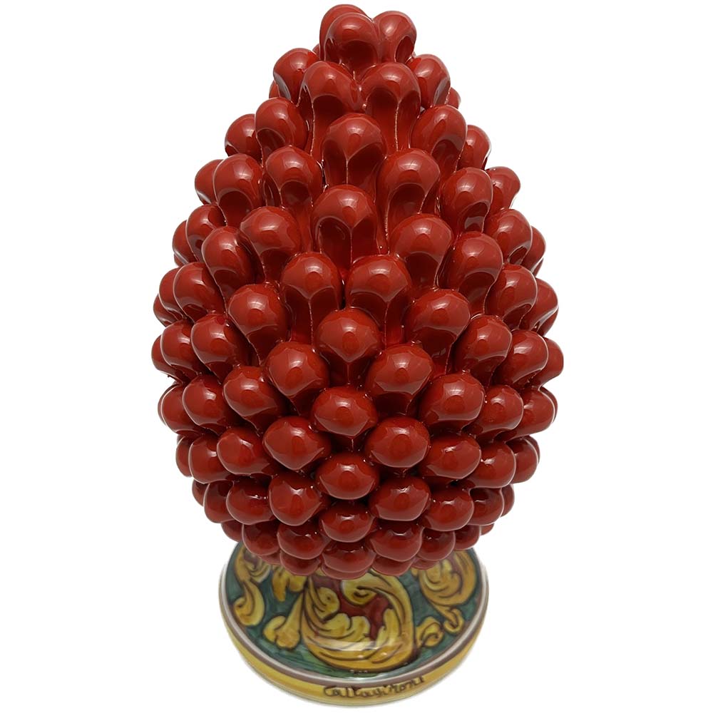 Pigna decorativa in ceramica di Caltagirone dipinta e decorata a mano rosso H 25 cm