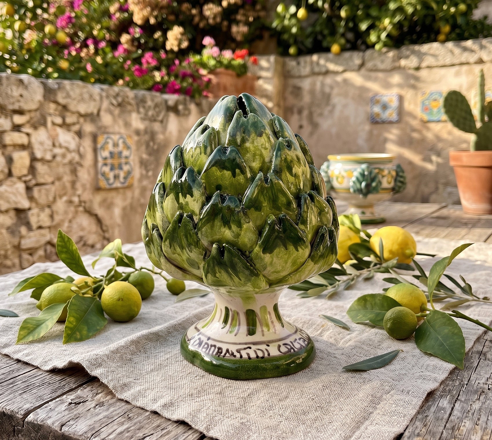 Sicilian ceramic artichoke from Caltagirone hand-decorated in green H11