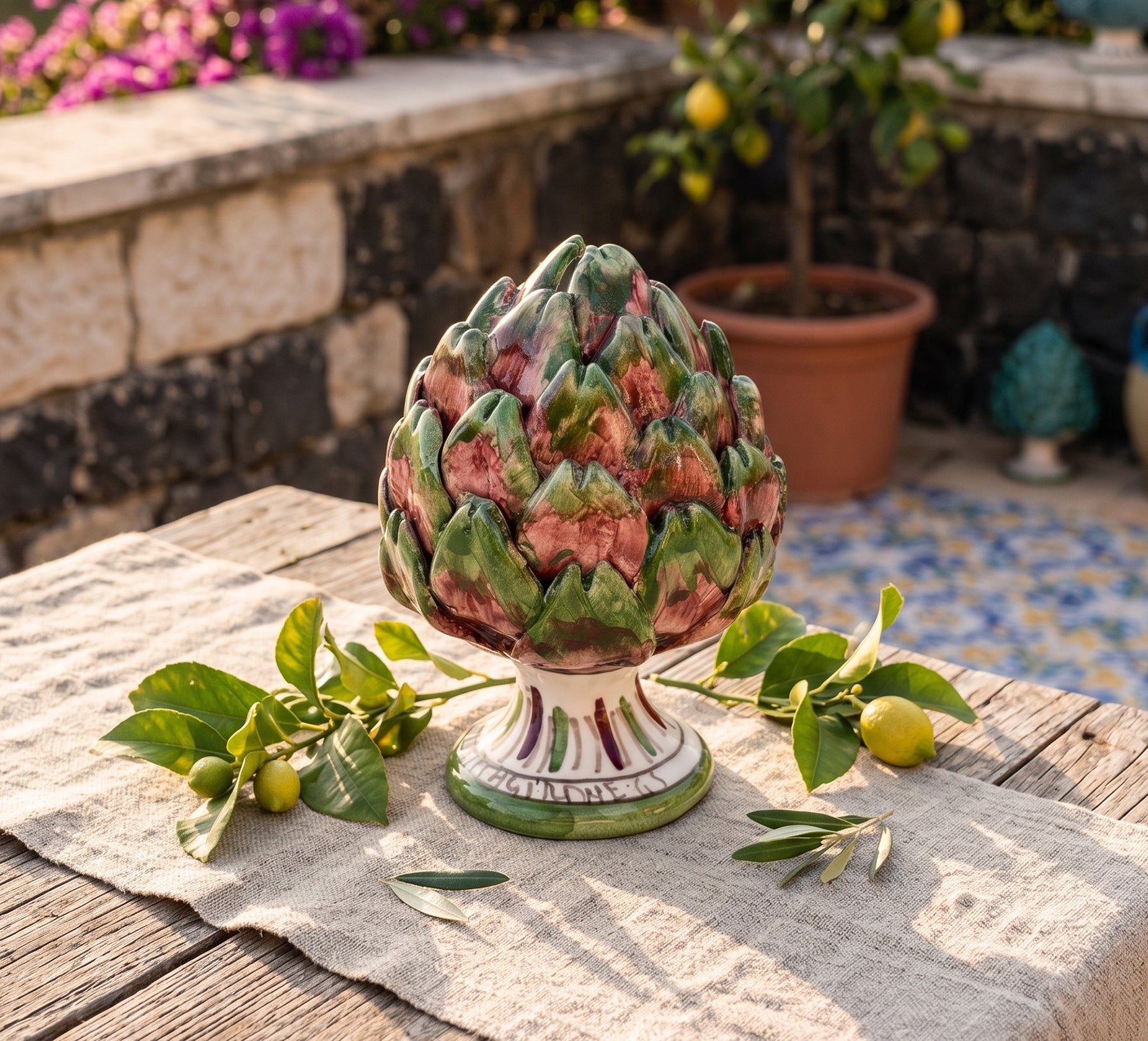 Sicilian ceramic artichoke from Caltagirone hand-decorated in red H11