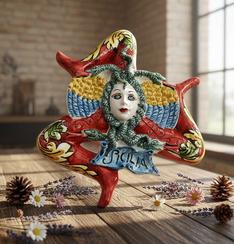 Trinacria siciliana in ceramica di Caltagirone realizzata e decorata a mano D 18 cm