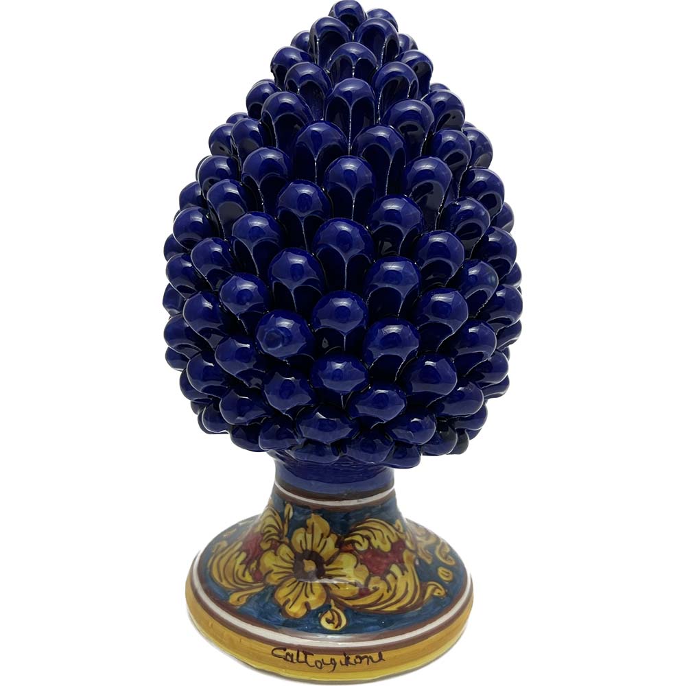 Pigna decorativa in ceramica di Caltagirone dipinta e decorata a mano blu H 25 cm