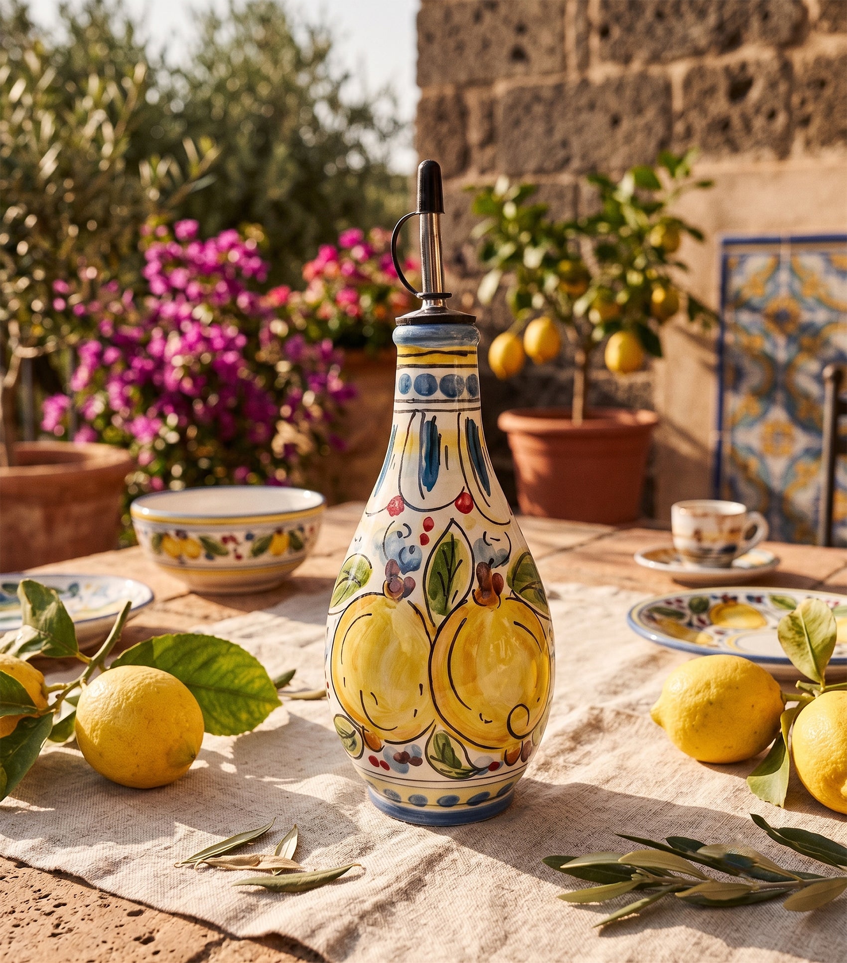 Bottiglia in ceramica siciliana di Caltagirone decorata a mano art. blu limoni