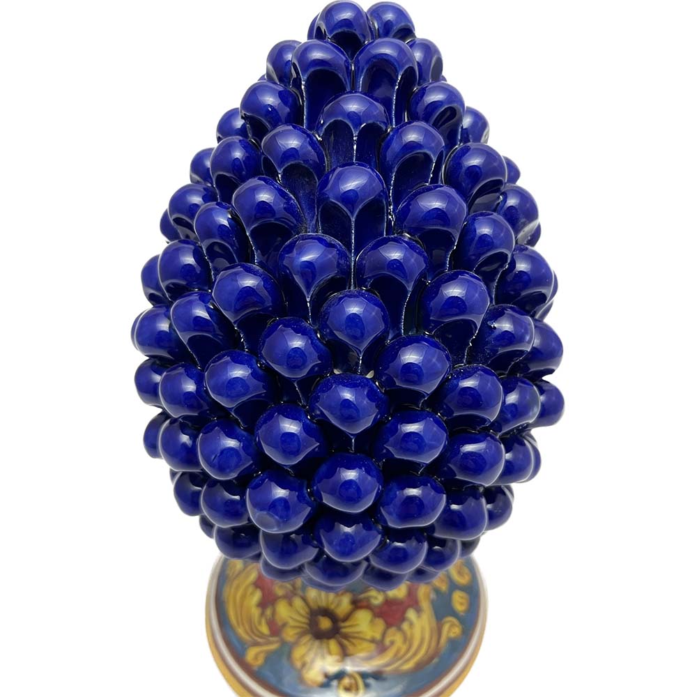 Pigna decorativa in ceramica di Caltagirone dipinta e decorata a mano blu H 25 cm