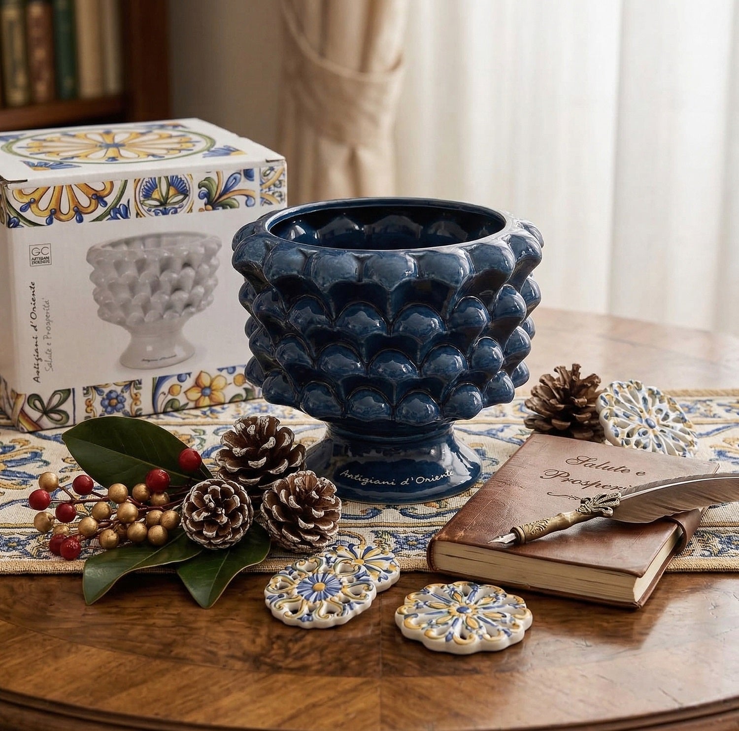 Vaso mezza pigna in ceramica porta fiori soprammobile colorato gic (12 x 11 CM ART 862519, Blu)