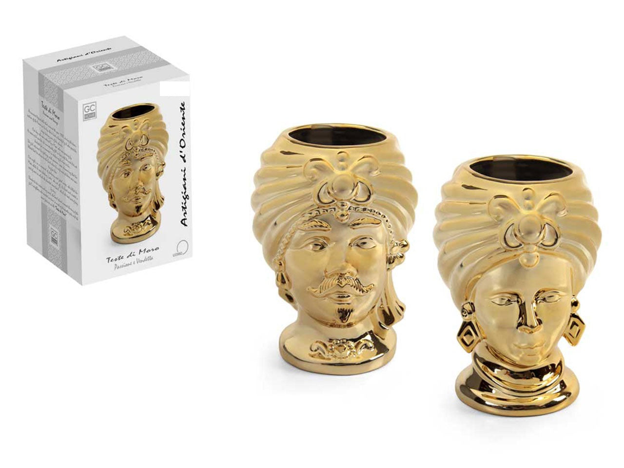 ILAB Pair of Moorish Heads Queen and King in Sicilian Ceramic Hand Decorated Blue and Gold Modern gic h25cm 