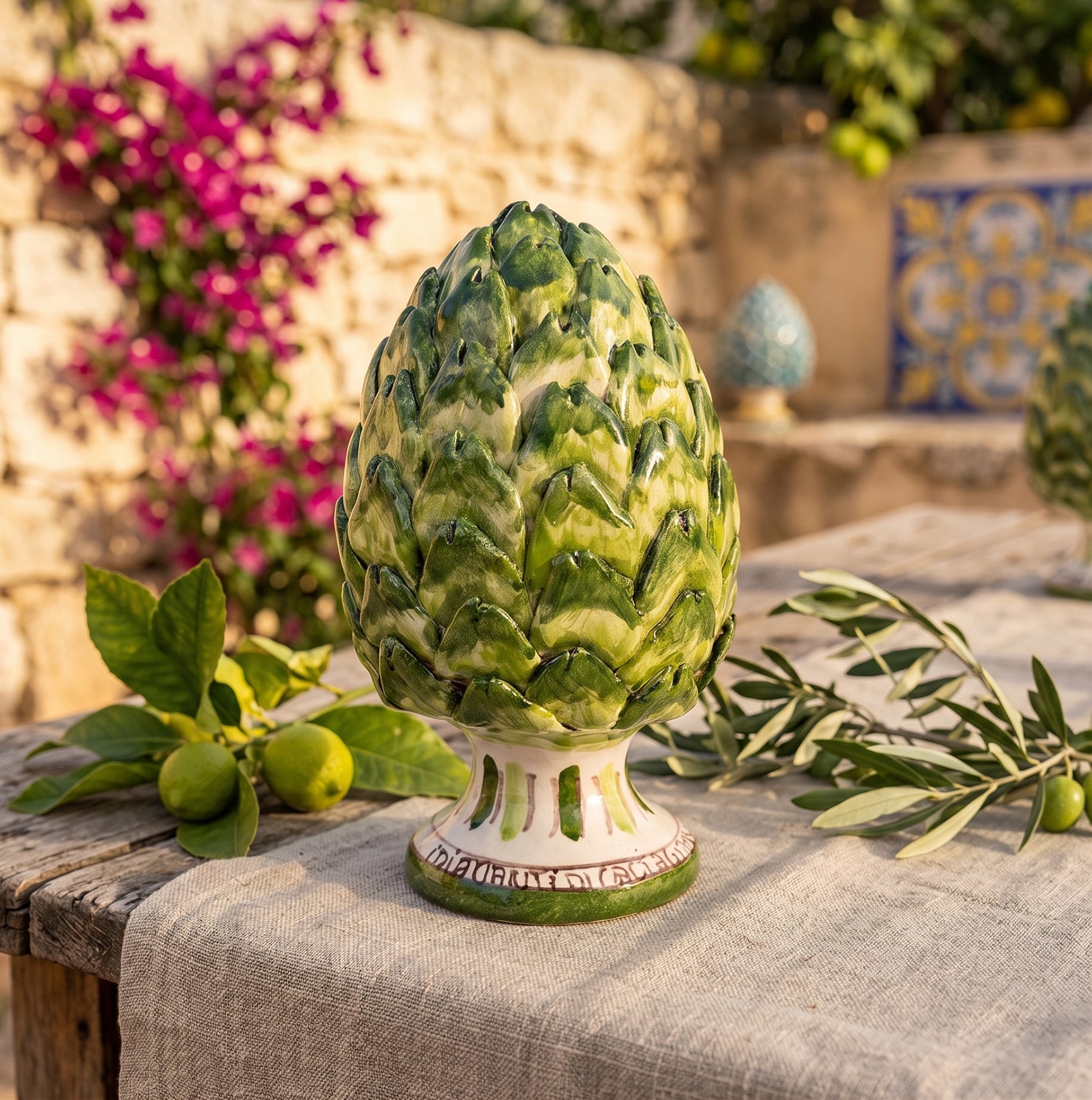 Sicilian ceramic artichoke from Caltagirone hand-decorated in green H16