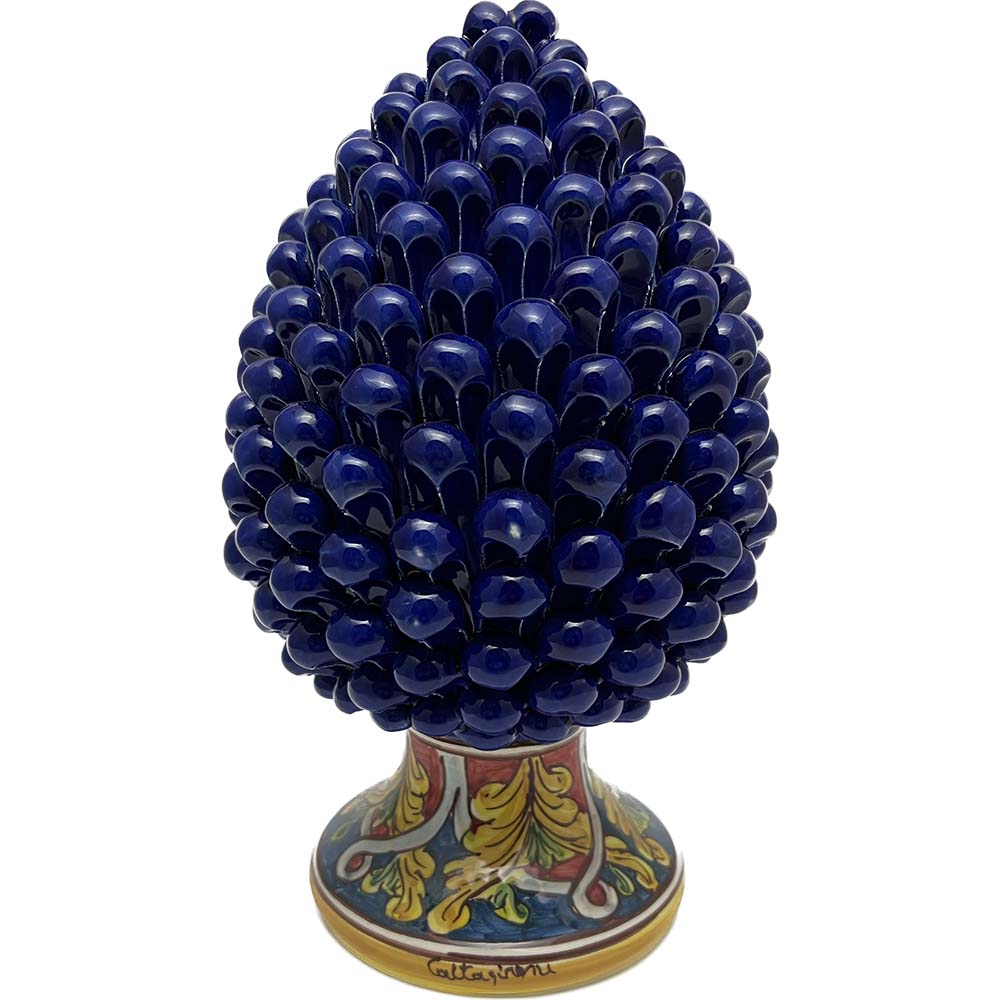Pigna decorativa in ceramica di Caltagirone dipinta e decorata a mano blu H 30 cm