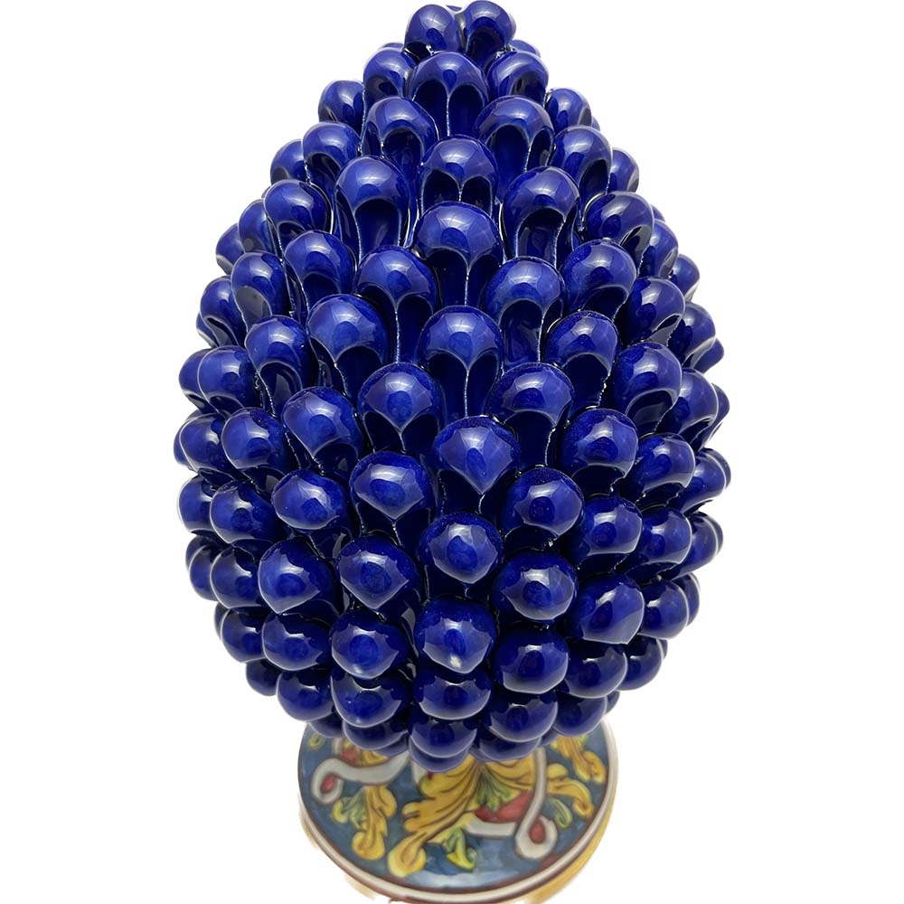 Pigna decorativa in ceramica di Caltagirone dipinta e decorata a mano blu H 30 cm
