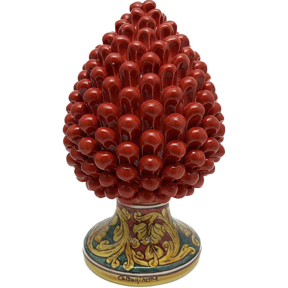 Pigna decorativa in ceramica di Caltagirone dipinta e decorata a mano rosso H 30 cm