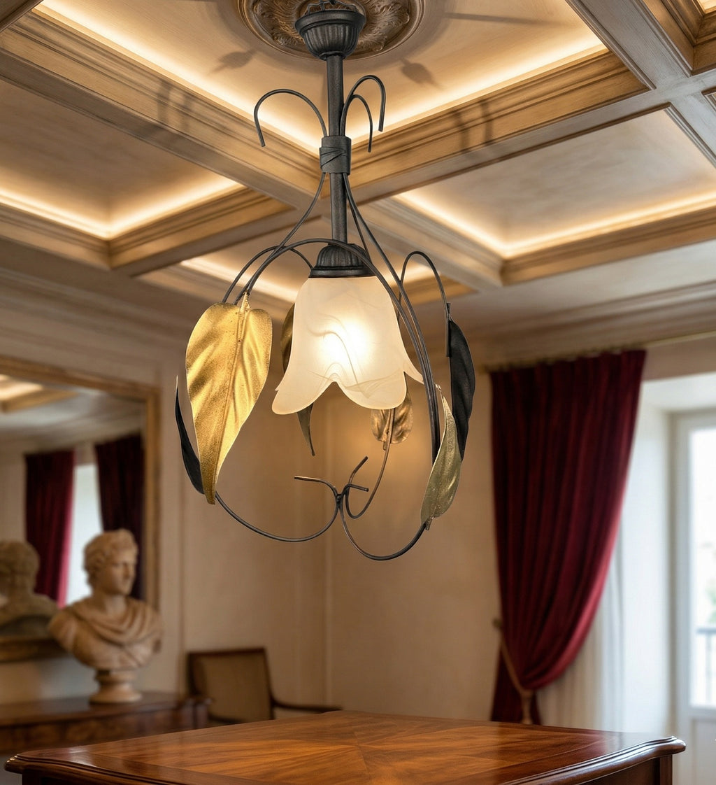 Lampadario a Sospensione ingresso 1 Luce in ferro battuto e vetro, per Cucina, Bagno, Camera, Soggiorno, Scala, Corridoio art. alabastro ambra