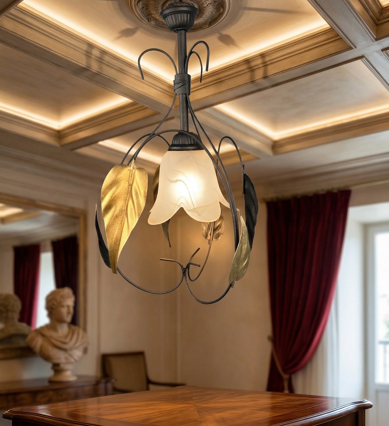 Lampadario a Sospensione ingresso 1 Luce in ferro battuto e vetro, per Cucina, Bagno, Camera, Soggiorno, Scala, Corridoio art. alabastro ambra