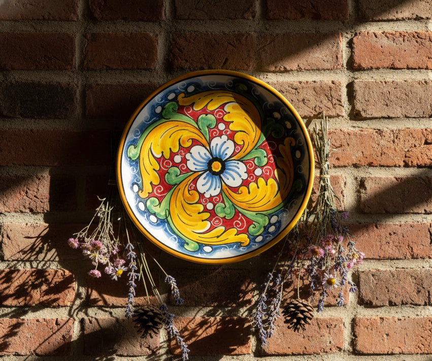 Piatto piccolo in ceramica decorata a mano da ceramisti siciliani fiore rosso art 14
