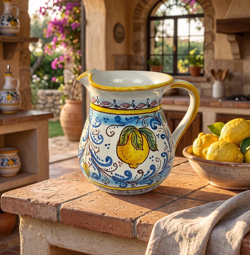 Caraffa in ceramica siciliana boccale realizzato e decorato a mano art. fiore limoni 1,5 LT